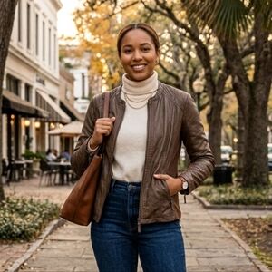 Sebby Collection Womens L Brown Whiskey Color Faux Leather Moto Style Jacket Zip